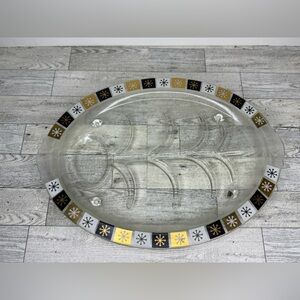 mid-mod Inland Glass Co. Atomic Starburst glass oval serving platter "Snowflake"